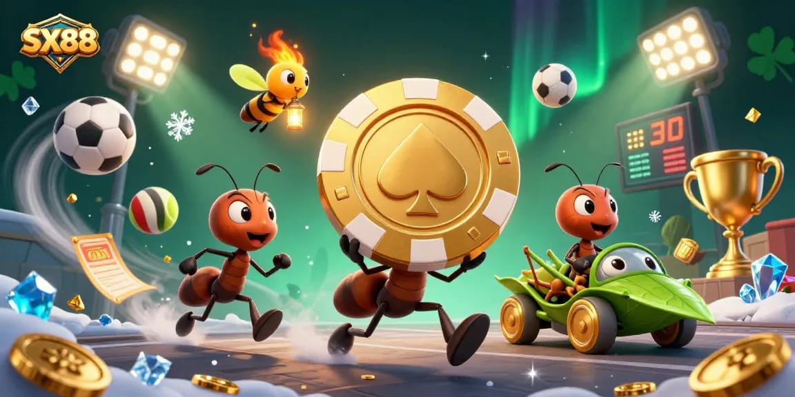 SX88 team of ants executing a heist with a giant poker chip, energetic gambling atmosphere
