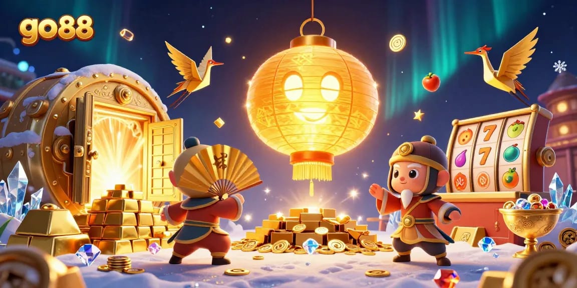 Engage with go 88's vibrant gaming scene featuring a floating golden lantern spirit and slot elements.