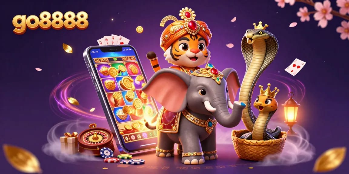 Experience the excitement of go8888 with vibrant slot games and 3D characters in a captivating casino scene.