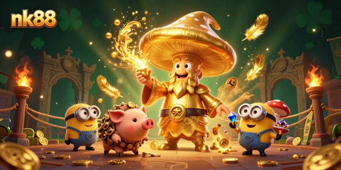 Experience the magic of nk88 casino with a golden mushroom wizard and treasures in a vibrant fantasy setting.