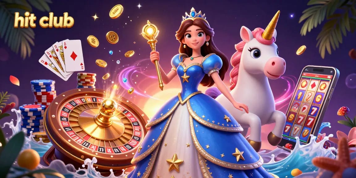 Experience the thrill at hit club with a mesmerizing casino scene bursting with golden coins, vibrant slots, and enchanting characters.