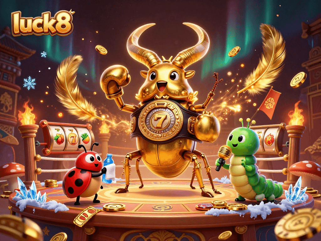 Engage in dynamic entertainment at luck8, featuring a boxing beetle, energies, and casino elements.