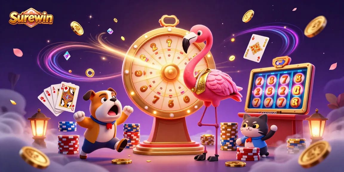 Spin the prize wheel with Surewin's vibrant casino fun featuring a flamingo host and a bulldog contestant!