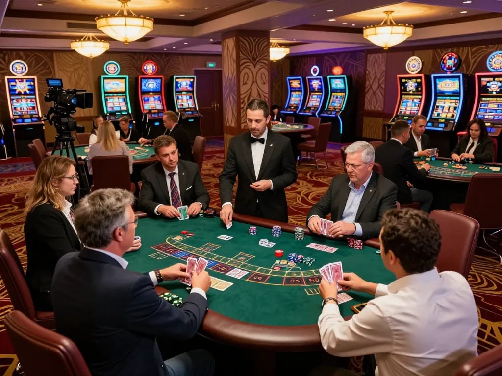 kk44 players engaged at a blackjack table in a vibrant casino, showcasing strategy and excitement