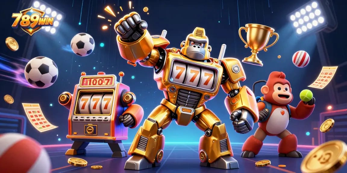 Place bets with 789WIN’s energizing slots and dynamic sports elements in a vibrant casino illustration.