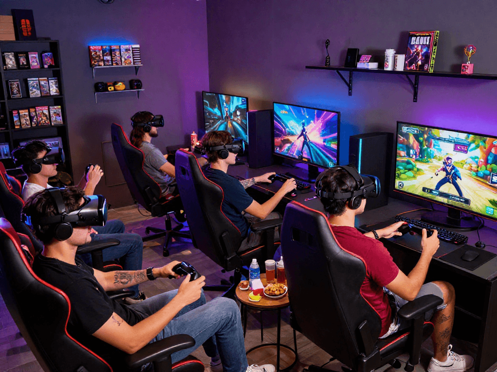 Engaged adults playing sex games online in a vibrant gaming lounge with immersive visuals.