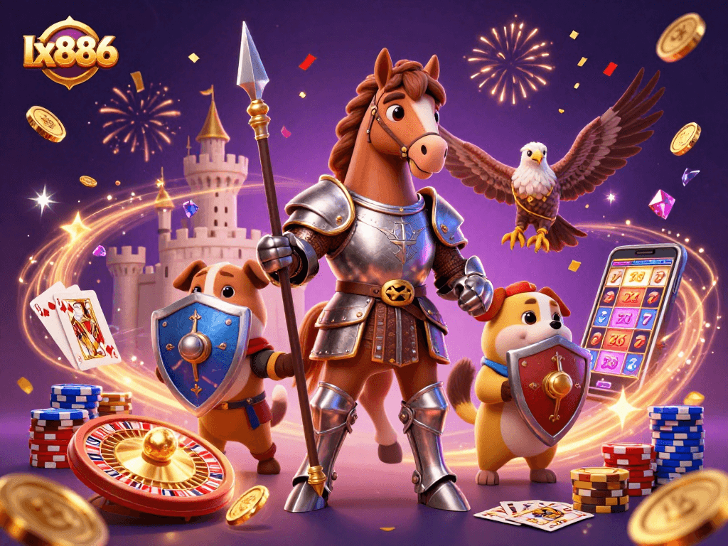 Engage in thrilling gaming experiences with lx886 featuring a knight, puppy, and falcon amidst casino elements.