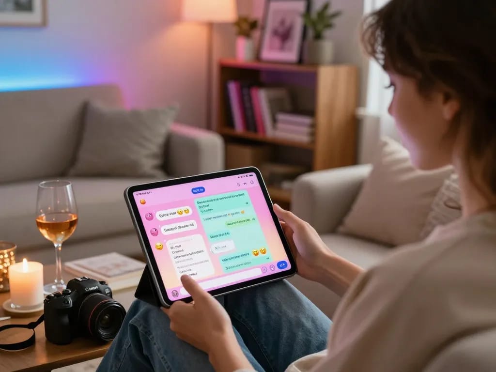 Engaging with nsfw chat ai on a tablet in a cozy, stylish room setting with warm lighting and personal decor.