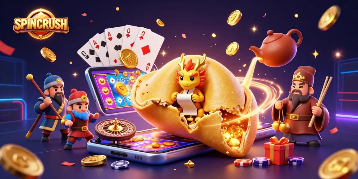 Engage with SPINCRUSH through an energetic 3D illustration featuring golden fortune symbols and casino games.
