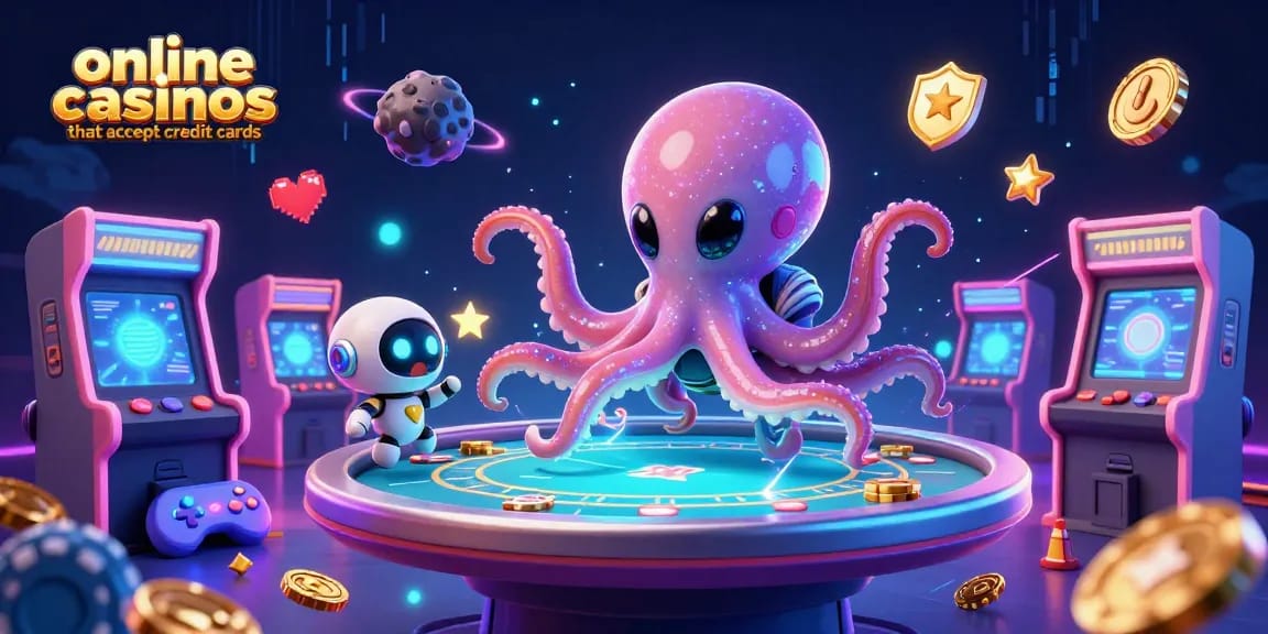 Experience online casinos that accept credit cards with vibrant gaming elements and alien characters.