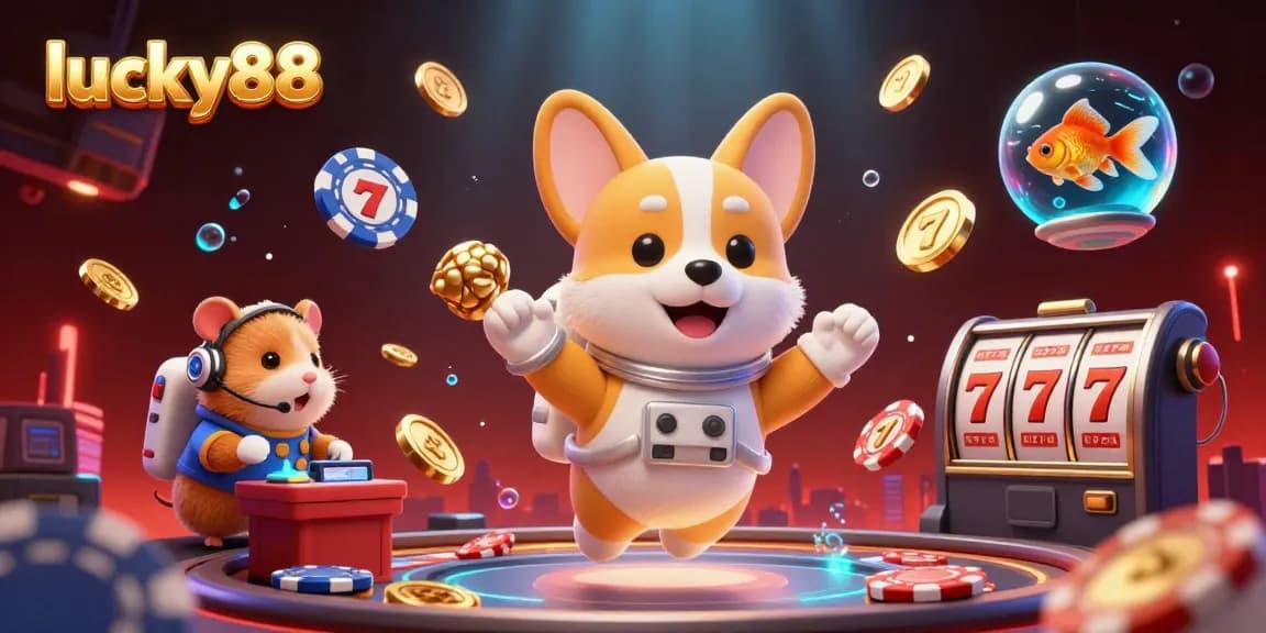 Immerse in the thrilling world of lucky88 with an astronaut corgi in a dynamic floating casino scene filled with poker elements.