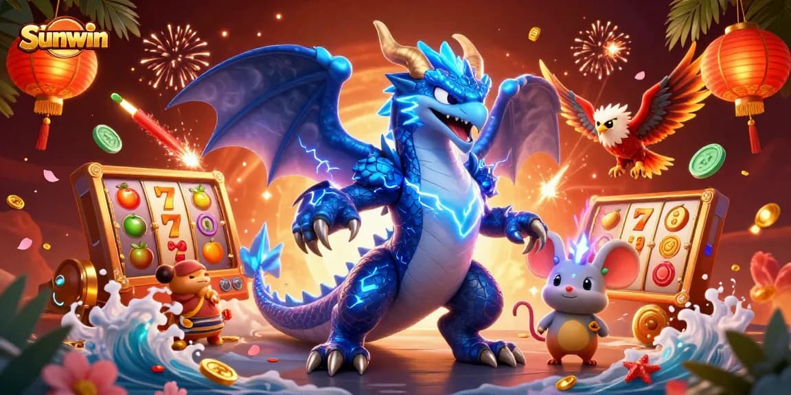 Spin for jackpots at Sunwin with vibrant slot reels and lucky symbols in a dynamic casino scene.