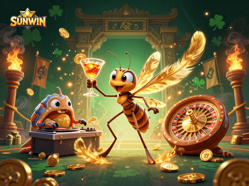SUNWIN attracts players with a rich 3D cartoon casino scene featuring an exciting mosquito mascot and a turntable DJ.