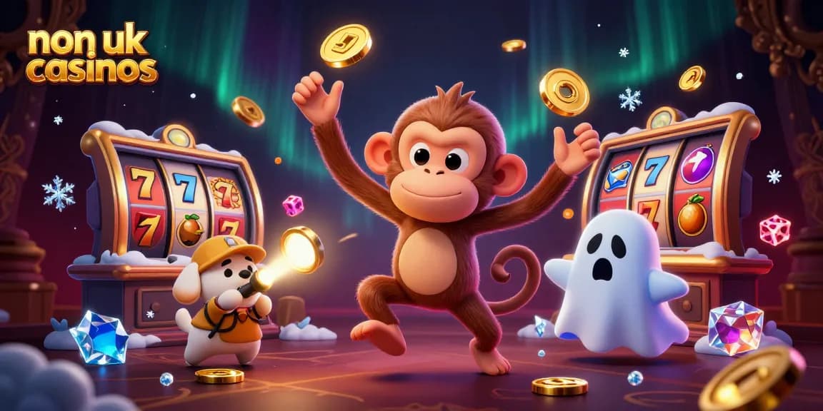 Engaging scene illustrating non UK casinos with a playful monkey juggling casino elements and a ghost-hunter puppy.