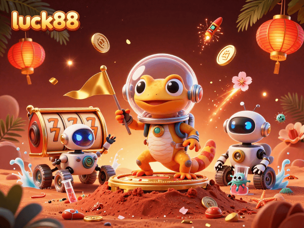 Experience luck88 with a Martian gecko discovering a golden casino in a vibrant 3D scene.