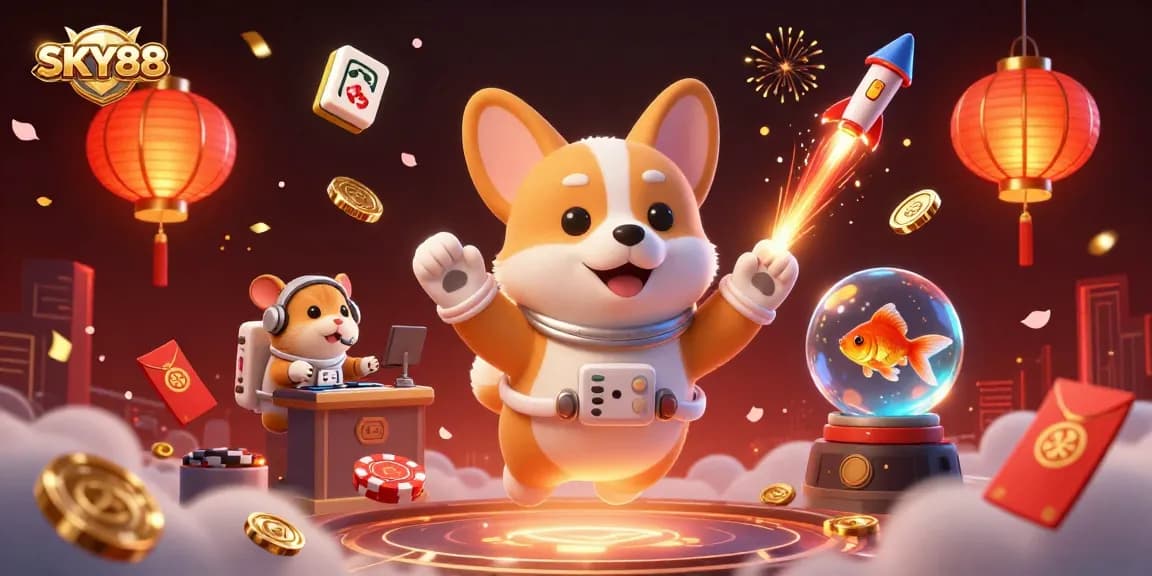 Immerse in SKY88's thrilling casino scene featuring witty characters and vibrant gaming elements.