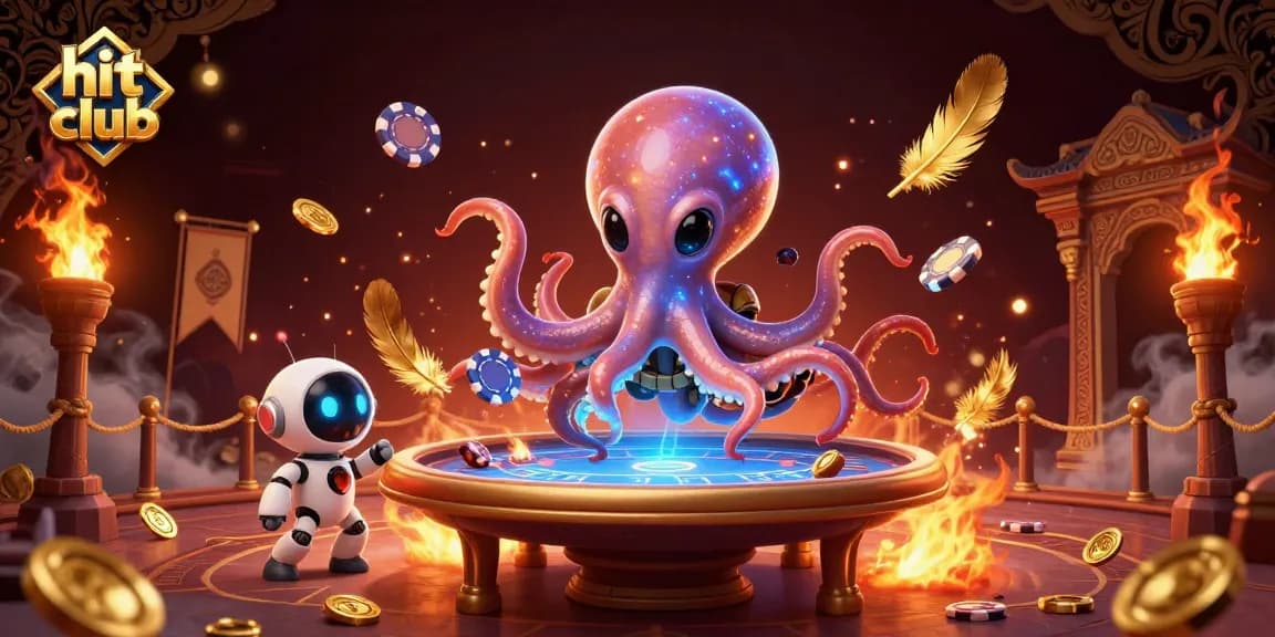 Win big at hit club with alien octopus and dynamic poker gameplay illustration.