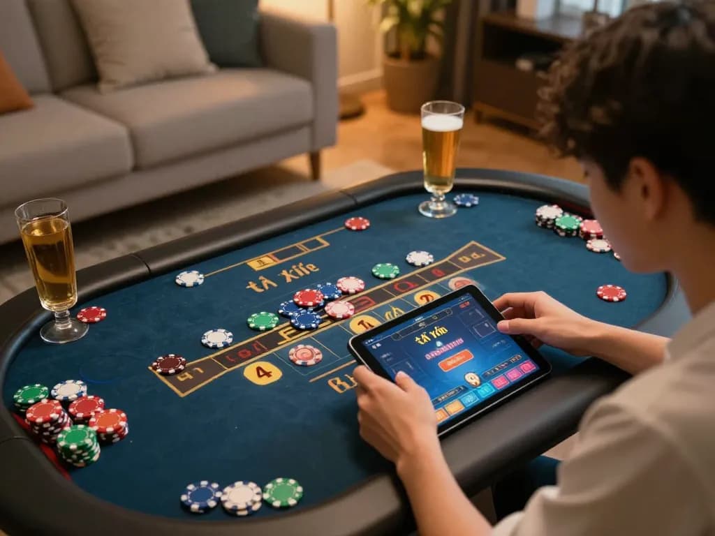 Engaged user enjoying tài xỉu online gameplay on a tablet in a cozy living space, showcasing vibrant gaming interface and responsible gambling.