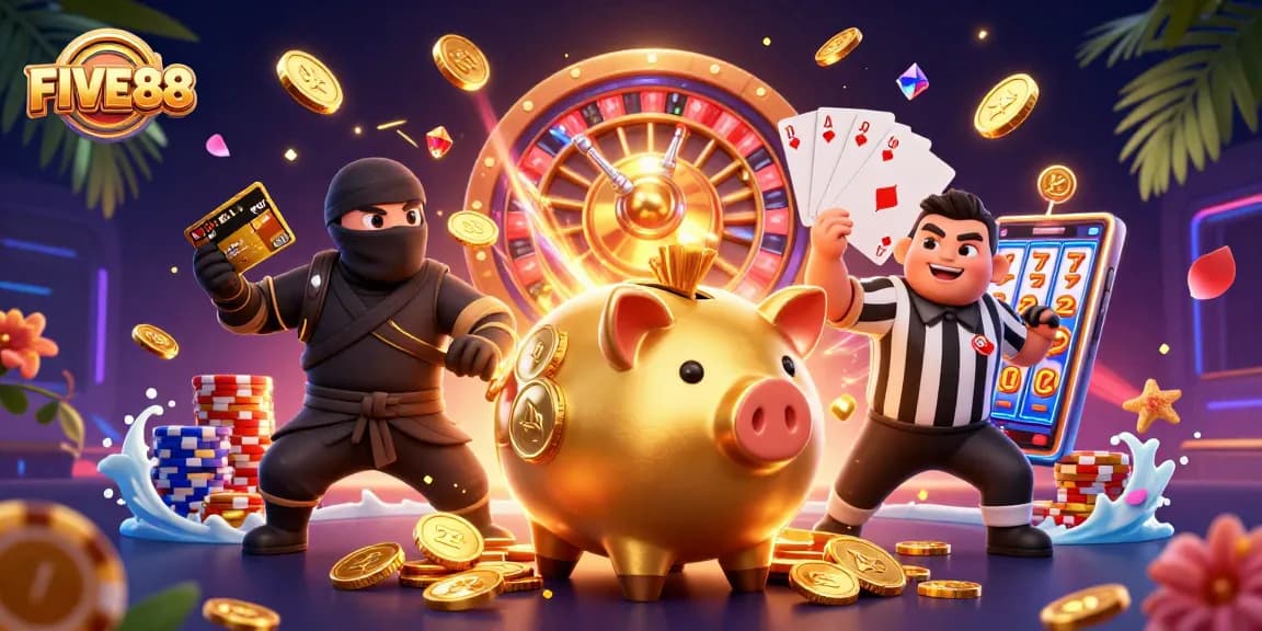 Experience excitement with FIVE88's vibrant casino illustration featuring dynamic characters and game elements.