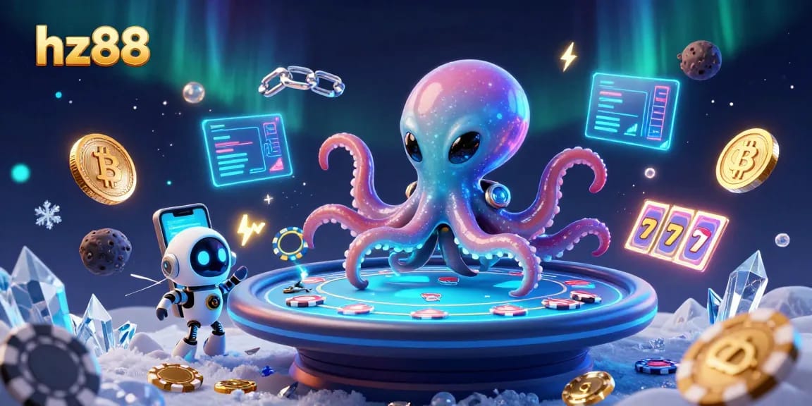 Experience the excitement of hz88 as a cartoon alien octopus plays poker in a cosmic casino.