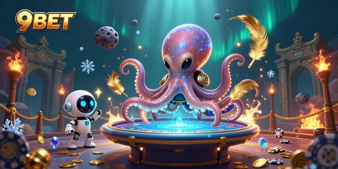 Play poker with 9BET at a vibrant 3D alien casino featuring dynamic characters and rich details.
