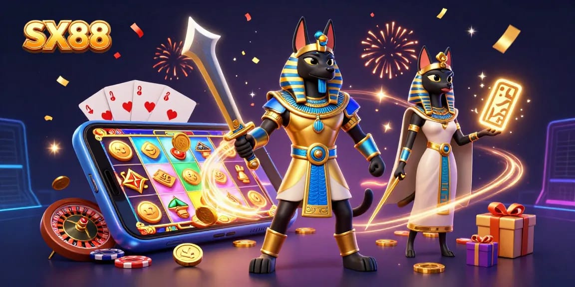 SX88 captivates players with exciting slot game action from a smartphone surrounded by gold and lively characters.