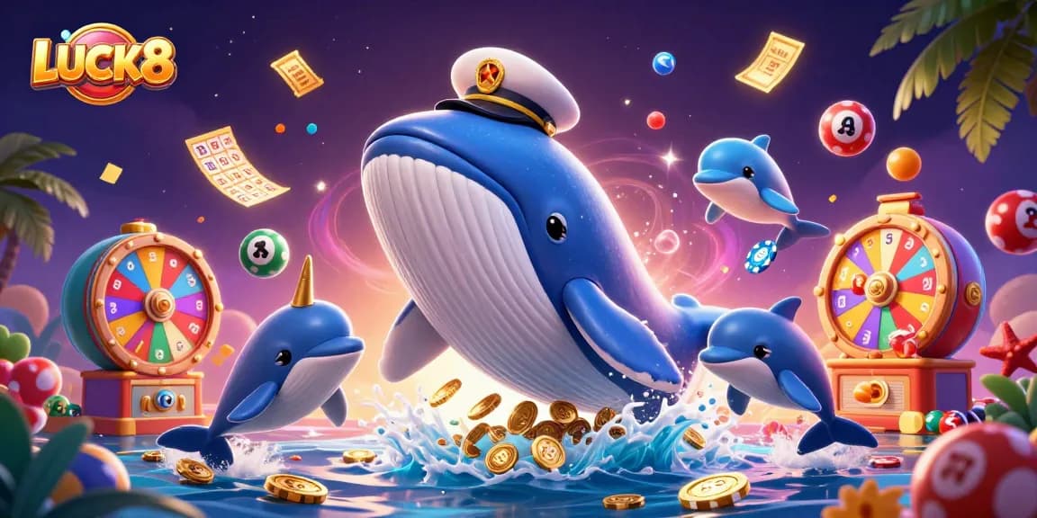 Experience LUCK8's vibrant gaming world with whales, dolphins, and lottery elements in this exciting illustration.