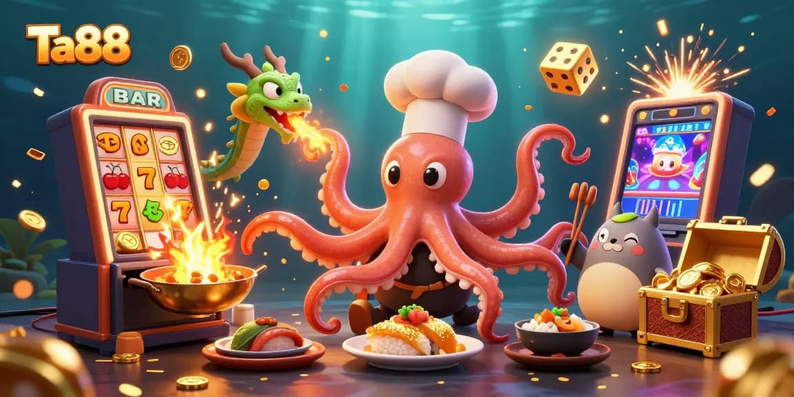 Experience Ta88's vibrant casino world with colorful characters, slot machines, and dynamic game elements.