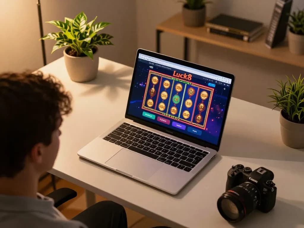 Player enjoying luck8's online slots in a cozy home office atmosphere