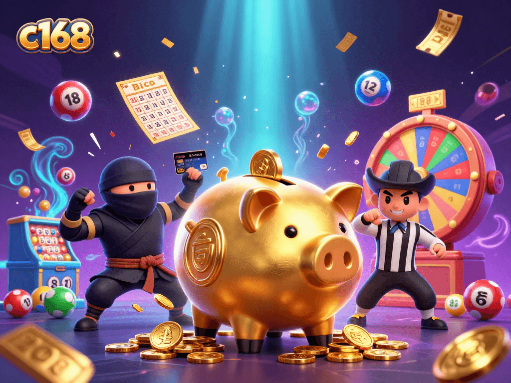Experience exciting wins at c168 with a dynamic scene featuring a sumo wrestler piggy bank, ninja, and referee in a vibrant casino.