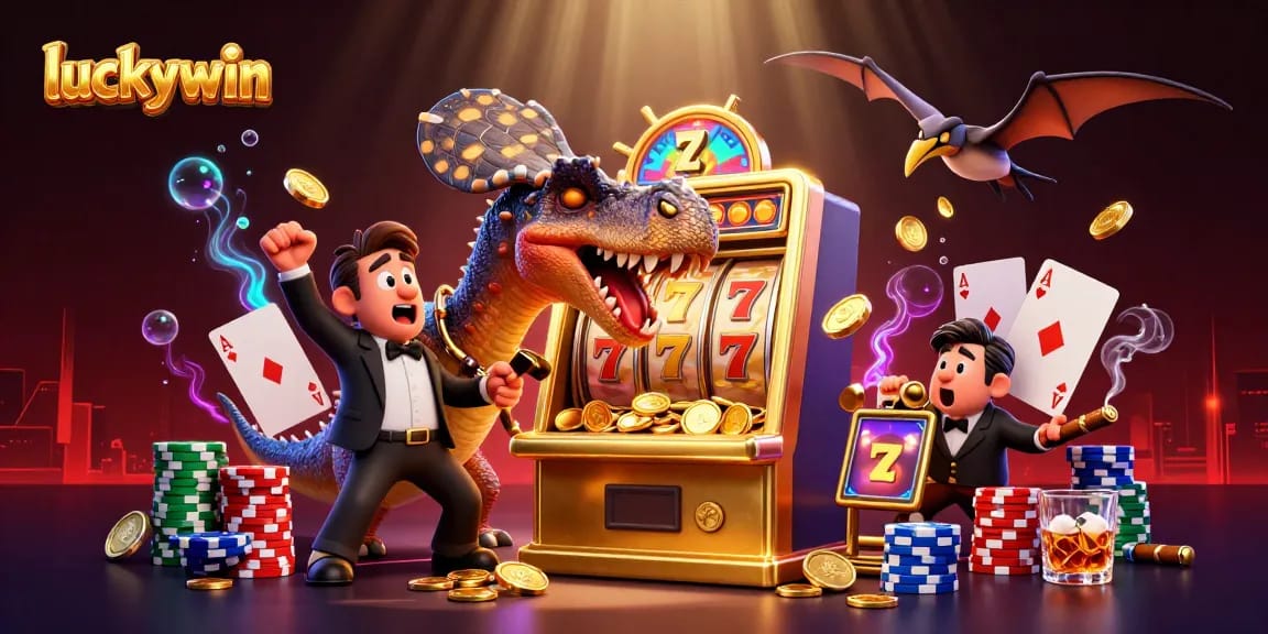 Luckywin showcases a pachycephalosaurus winning jackpot coins at a slot machine in a vibrant casino scene.
