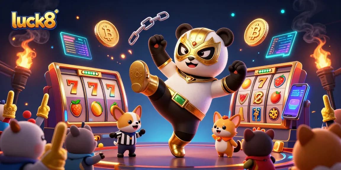 Experience exciting jackpots at luck8 with a flying panda and vibrant gaming elements.