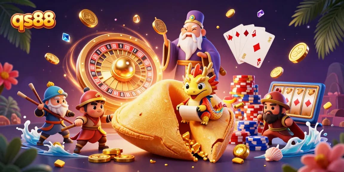 Experience the excitement with qs88's vibrant casino scene, featuring winning moments and festive elements.