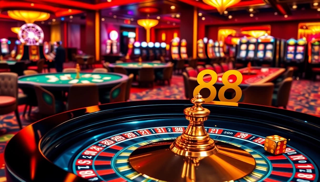 Experience high-energy gameplay at 888b's luxurious casino with vibrant roulette and slot machines.