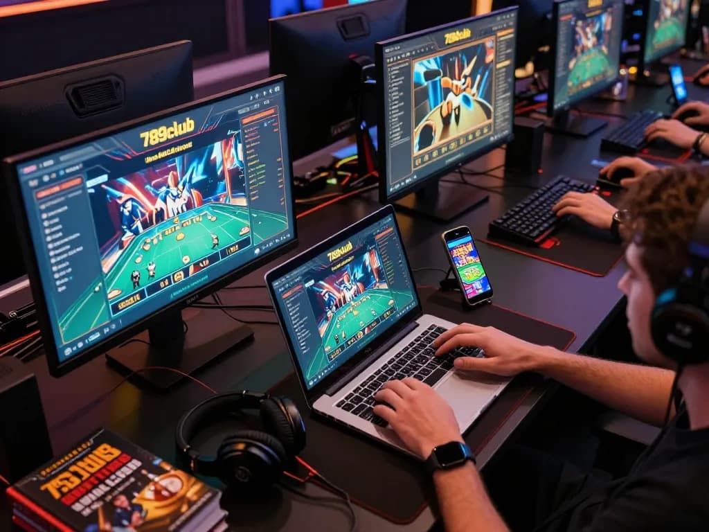 Engaged player strategizes on 789club with multiple screens for immersive online casino experience