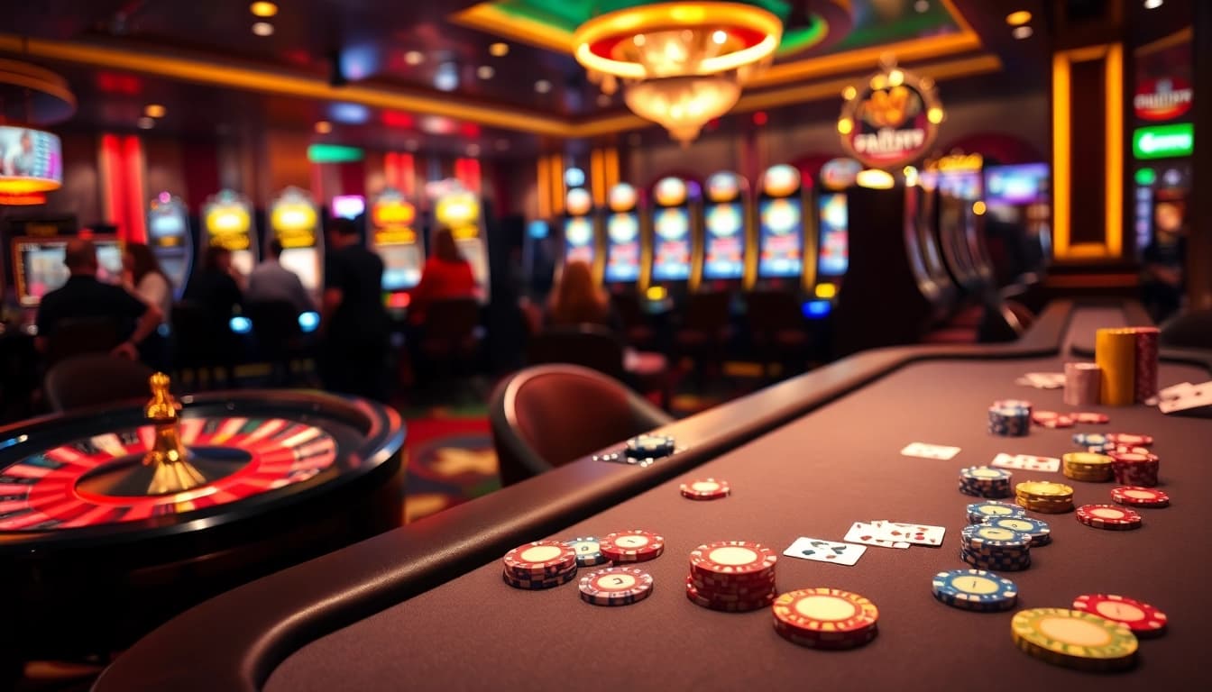 Players enjoying a vibrant poker game at 888b casino, with colorful chips and cards in a luxurious setting.