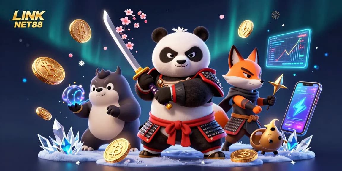 Engage at LINK NET88 with vibrant samurai panda and ninja fox in an exhilarating casino atmosphere.