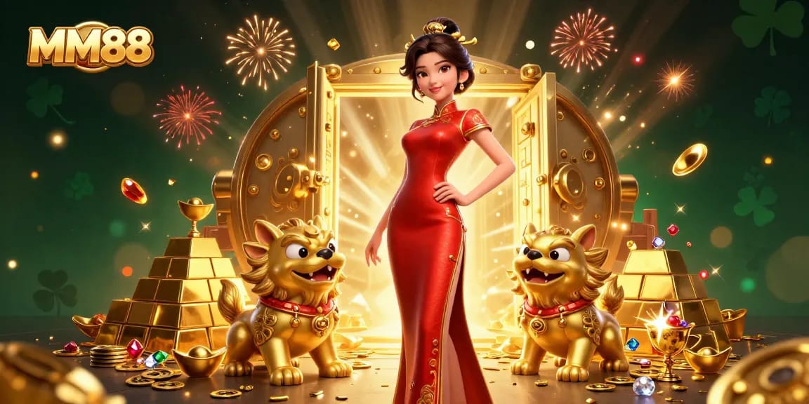 Experience the thrill of MM88 with a glamorous Asian woman surrounded by golden treasures and slot elements.