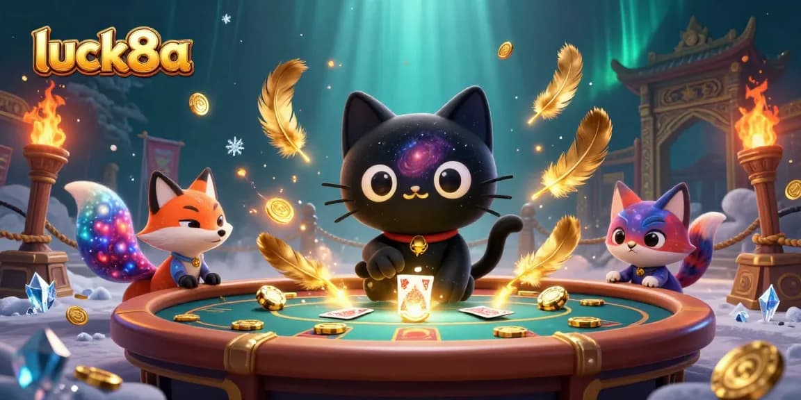 Engage with luck8a's thrilling cosmic casino experience, where a black hole cat draws in golden chips.