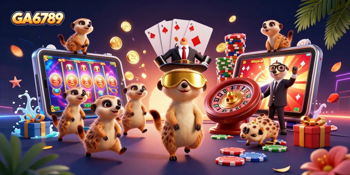 Win big at GA6789 with a dynamic meerkat casino scene filled with vibrant gambling action and excitement.