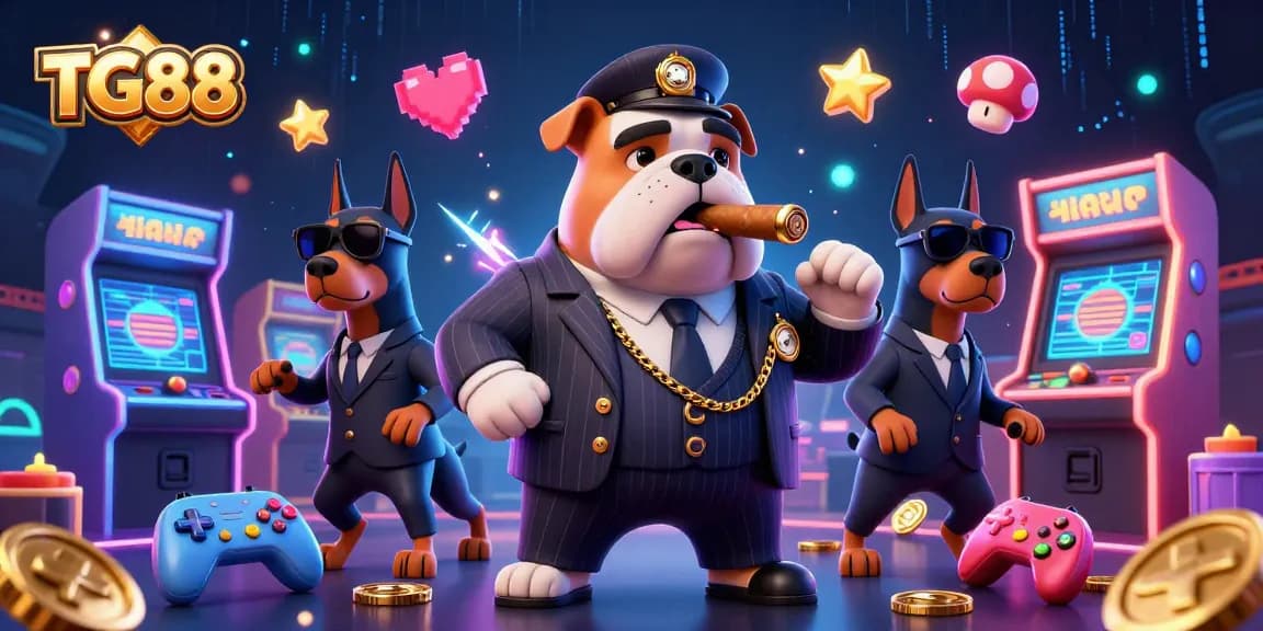 Experience thrilling gameplay at TG88 with a dynamic 3D scene of a mafia boss bulldog and his guards.