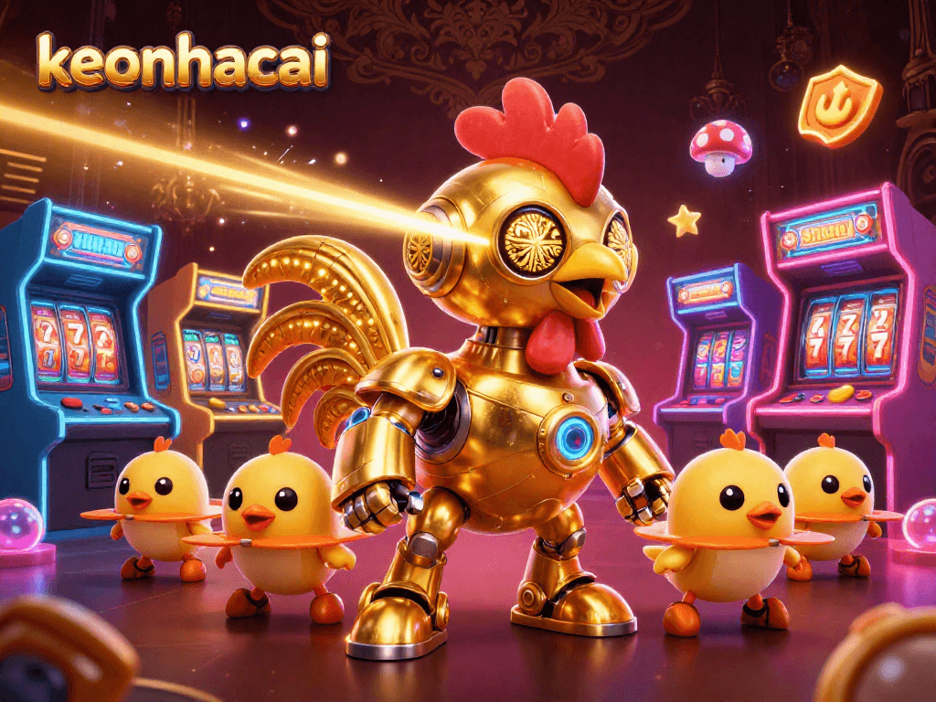Engage with keonhacai's thrilling gaming scene featuring a golden rooster robot and engaging casino action.