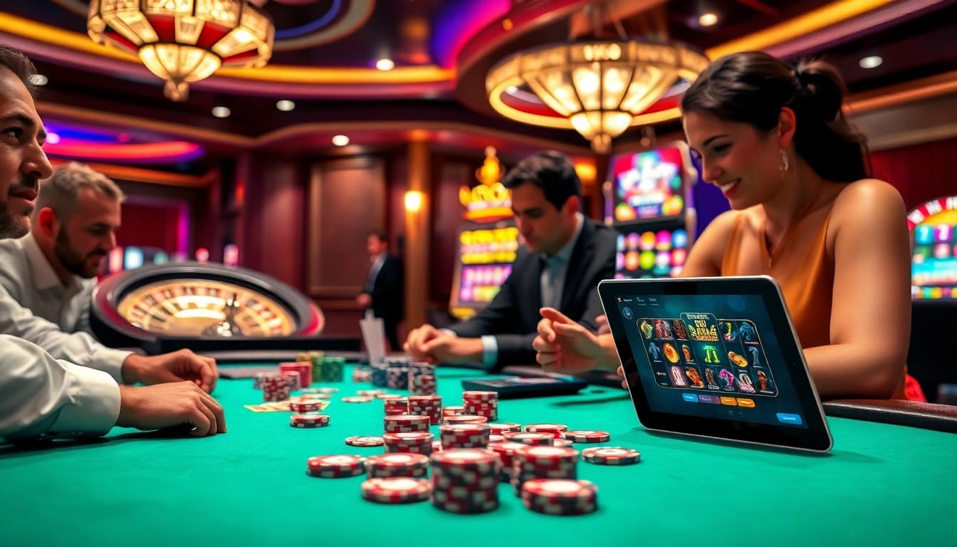 Players enjoying a high-stakes poker game at https://hz88mie.com with vibrant casino ambiance.