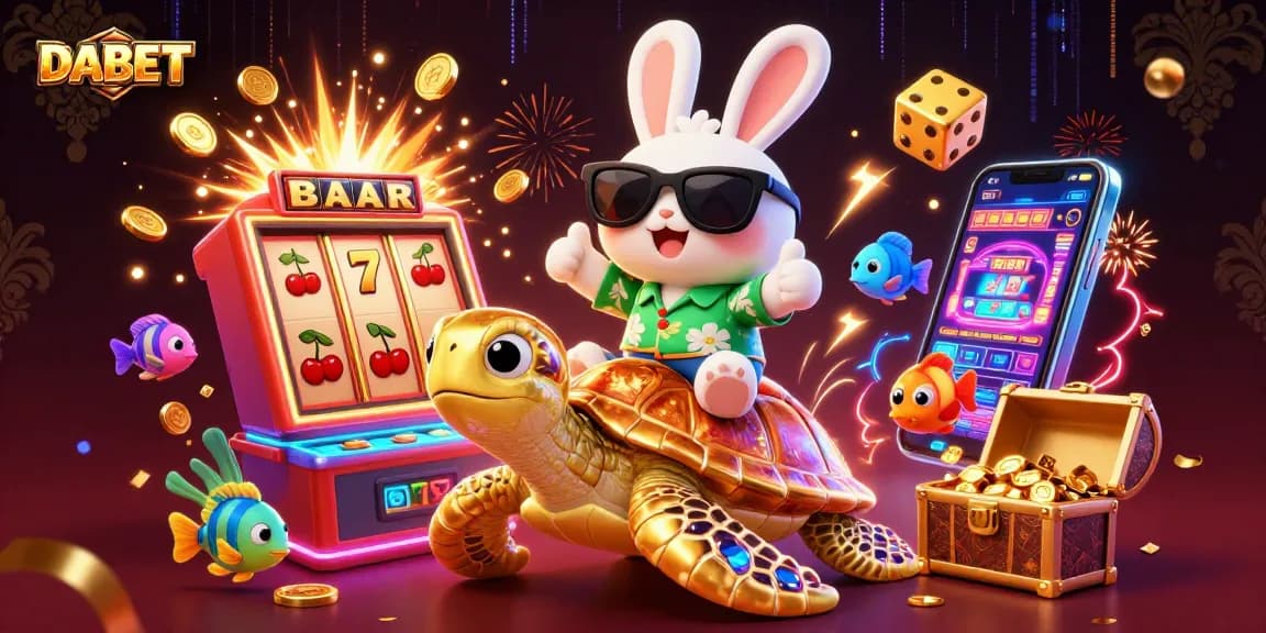 DABET jackpot celebration with lucky rabbit and golden turtle in dynamic casino scene