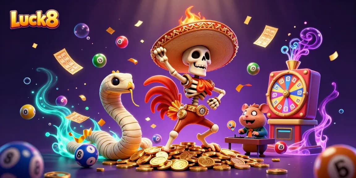 Luck8 celebrates with a vibrant, animated casino scene featuring colorful lottery balls and golden coins.