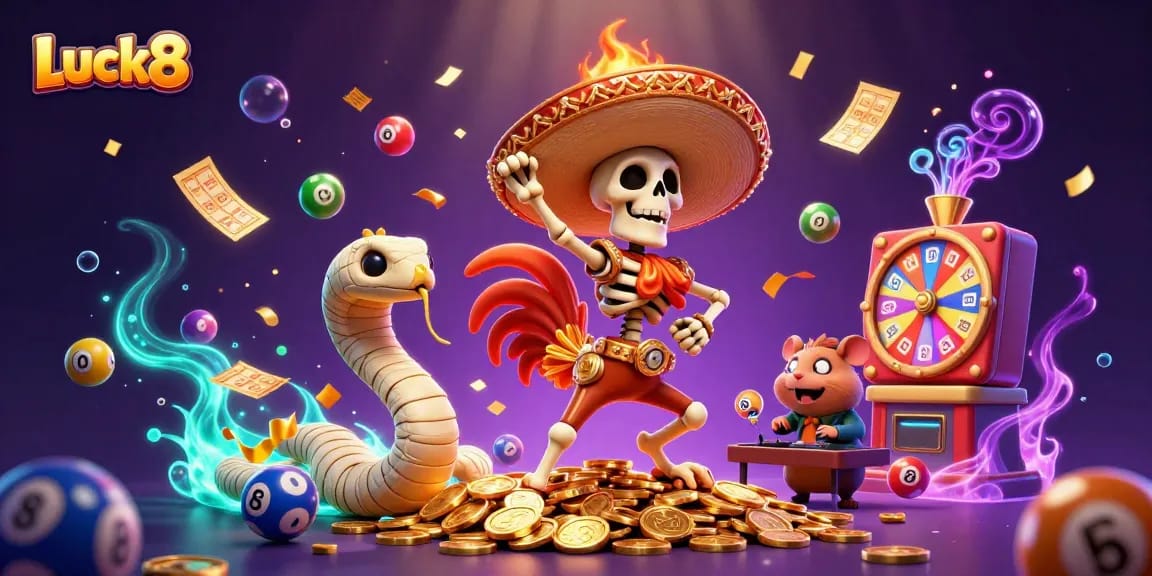 Luck8 celebrates with a vibrant, animated casino scene featuring colorful lottery balls and golden coins.