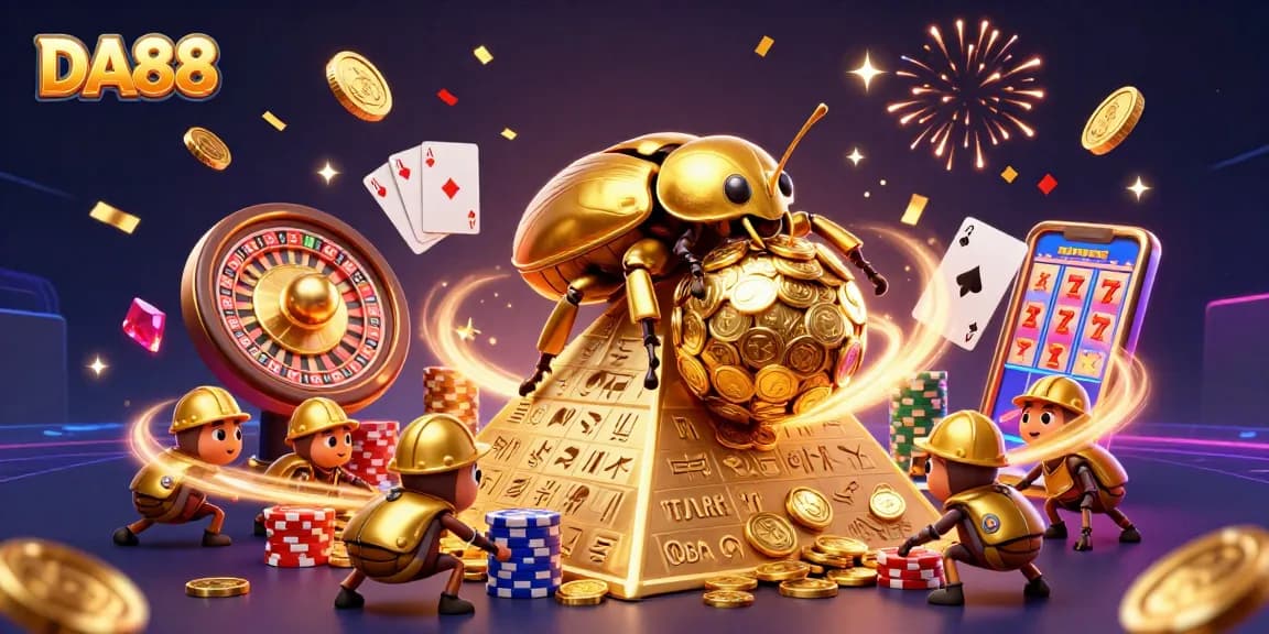 Experience the thrill of DA88 as golden beetles roll riches in a vibrant casino scene.