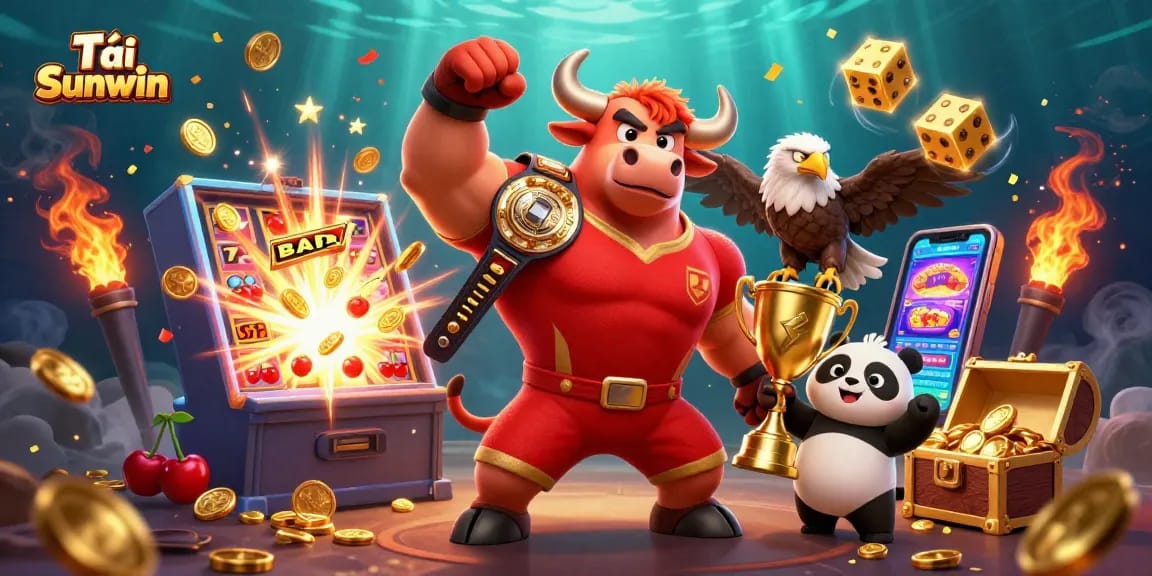 Tải Sunwin and claim your victory in an exciting casino adventure featuring a jubilant bull, eagle, and panda.