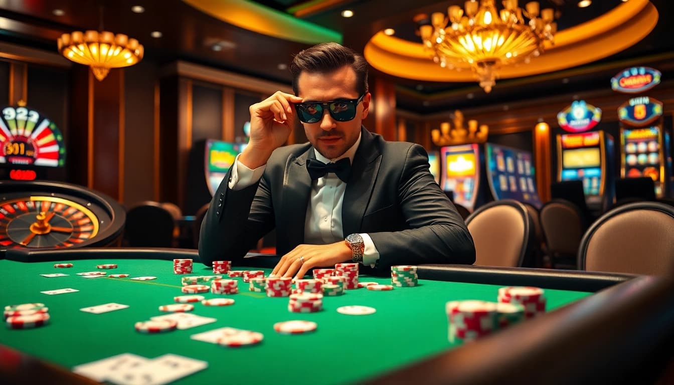 74win players enjoying a thrilling poker game at a luxurious casino table with bright chips and cards.