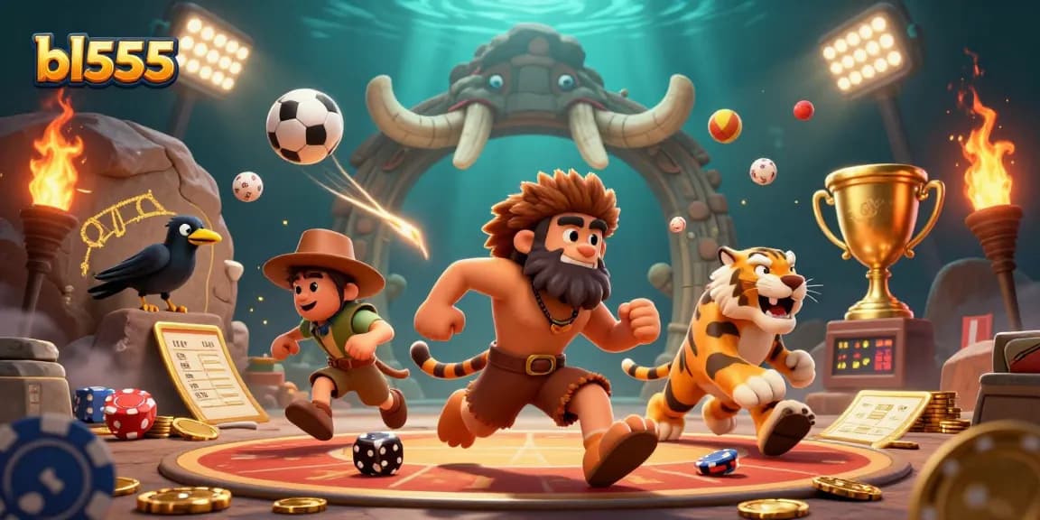 Engage in thrilling casino action at bl555 with a prehistoric theme, showcasing vibrant characters and dynamic sports elements.